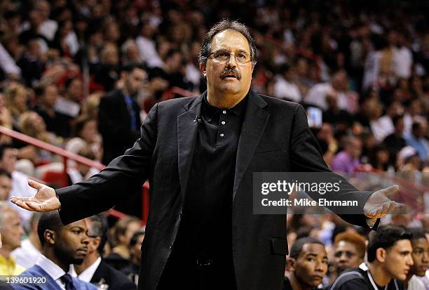 Orlando Magic head coach Stan Van Gundy reacts during a game against the Miami Heat at American Airlines Arena on February 19, 2012 in Miami,...