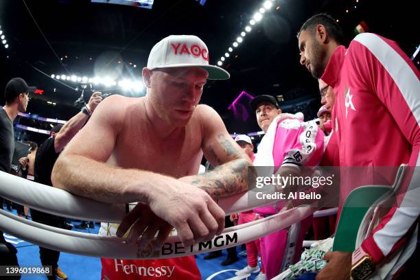 Canelo Alvarez reacts after WBA light heavyweight title fight against Dmitry Bivol at T-Mobile Arena on May 07, 2022 in Las Vegas, Nevada. Bivol...