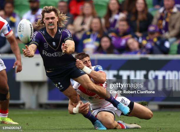 Ryan Papenhuyzen of the Storm passes the ball during the round nine NRL match between the Melbourne Storm and the St George Illawarra Dragons at AAMI...