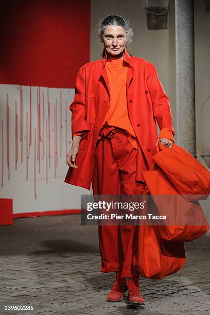 Benedetta Barzini walks the runway at the Daniela Gregis Autumn/Winter 2012/2013 fashion show as part of Milan Womenswear Fashion Week on February...