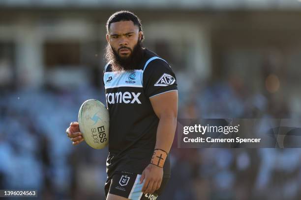 Siosifa Talakai of the Sharks warms up during the round nine NRL match between the Cronulla Sharks and the New Zealand Warriors at PointsBet Stadium,...