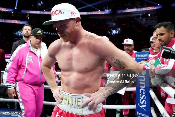 Canelo Alvarez reacts after the WBA light heavyweight title fight against Dmitry Bivol at T-Mobile Arena on May 07, 2022 in Las Vegas, Nevada. Bivol...