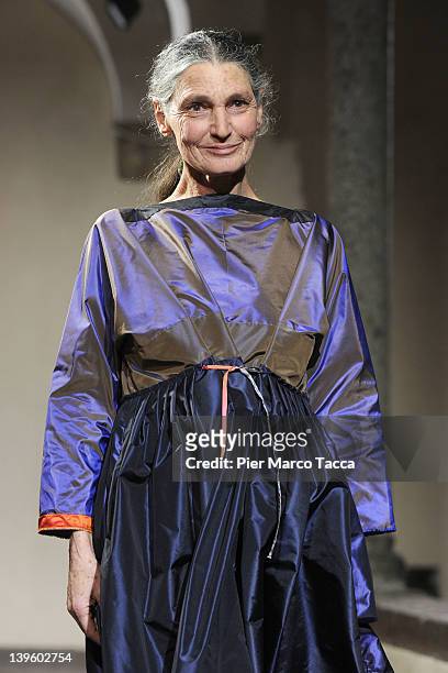 Benedetta Barzini walks the runway at the Daniela Gregis Autumn/Winter 2012/2013 fashion show as part of Milan Womenswear Fashion Week on February...