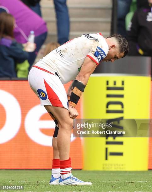 Jack Bird of the Dragons looks dejected after the Dragons were defeated by the Storm during the round nine NRL match between the Melbourne Storm and...