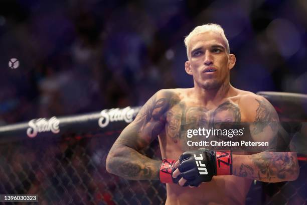 Charles Oliveira of Brazil prepares to fight Justin Gaethje in their UFC lightweight championship bout during UFC 274 at Footprint Center on May 07,...