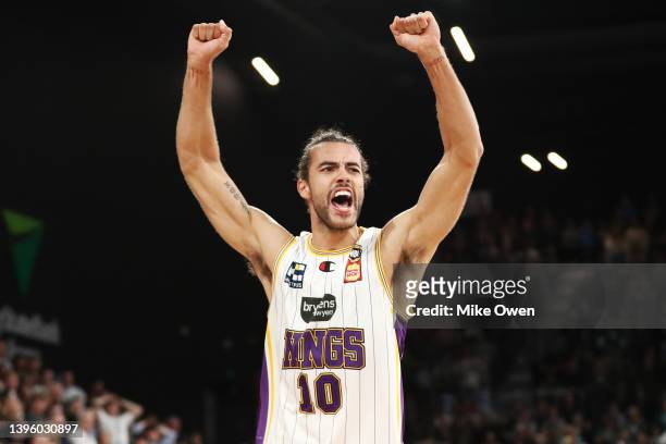 Xavier Cooks of the Kings celebrates winning game two of the NBL Grand Final series between Tasmania JackJumpers and Sydney Kings at MyState Bank...