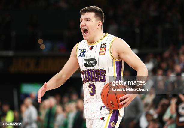 Dejan Vasiljevic of the Kings celebrates winning game two of the NBL Grand Final series between Tasmania JackJumpers and Sydney Kings at MyState Bank...