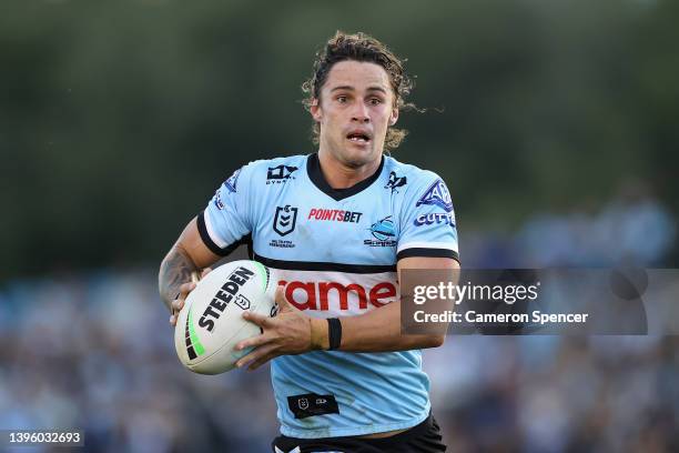 Nicholas Hynes of the Sharks runs the ball during the round nine NRL match between the Cronulla Sharks and the New Zealand Warriors at PointsBet...