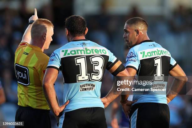 Referee Todd Smith sends William Kennedy of the Sharks off following a dangerous tackle during the round nine NRL match between the Cronulla Sharks...