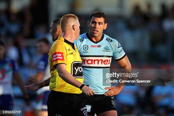 Referee Todd Smith talks to Dale Finucane of the Sharks after sending off William Kennedy of the Sharks following a dangerous tackle during the round...