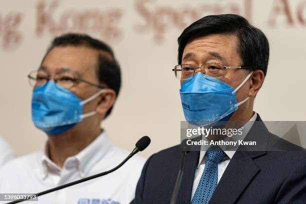 Hong Kong Chief Executive-elect John Lee Ka-chiu speaks with member of media during a press conference after being elected at the Exhibition and...