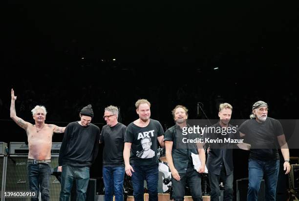 Mike McCready, Josh Klinghoffer, Stone Gossard, Jeff Ament, Eddie Vedder, Matt Cameron and Boom Gaspar of Pearl Jam perform onstage at The Forum on...