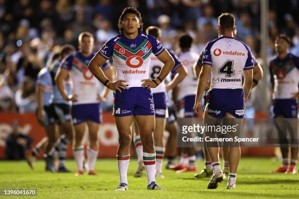 Dallin Watene-Zelezniak of the Warriors looks dejected after a Sharks try during the round nine NRL match between the Cronulla Sharks and the New...