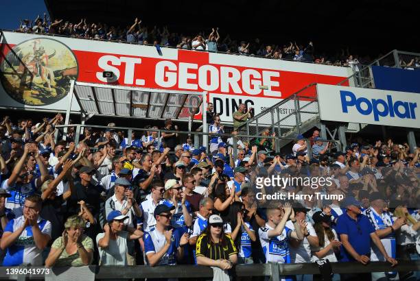 Fans react in the crowd during the Sky Bet League Two match between Bristol Rovers and Scunthorpe United at Memorial Stadium on May 07, 2022 in...