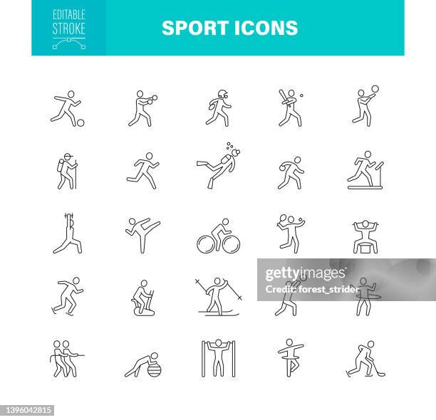 illustrations, cliparts, dessins animés et icônes de icônes sport people trait modifiable. l’ensemble contient des icônes comme soccer, boxing, basketball, golf, natation, football américain, hockey sur glace. - ballerine
