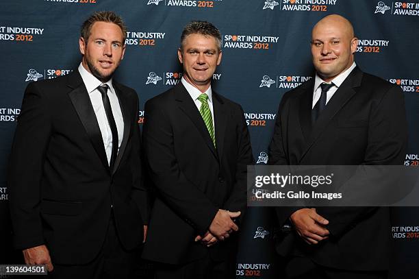 Butch James, Heyneke Meyer and CJ van der Linde appear during the 2012 Virgin Active Sports Industry Awards from Emperors Palace on February 23, 2012...