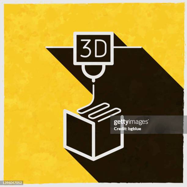 3d printer. icon with long shadow on textured yellow background - old printer stock illustrations