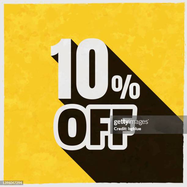 10 prozent rabatt (10% rabatt). symbol mit langem schatten auf strukturiertem gelbem hintergrund - 10 off stock-grafiken, -clipart, -cartoons und -symbole