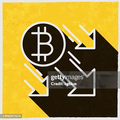 Bitcoin decrease. Icon with long shadow on textured yellow background Bitcoin decrease. Icon with long shadow on textured yellow background