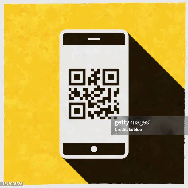 ilustrações de stock, clip art, desenhos animados e ícones de smartphone with qr code. icon with long shadow on textured yellow background - papers scanning to digital vector