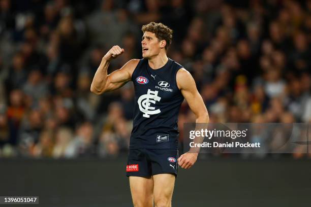 Charlie Curnow of the Blues celebrates kicking a goal during the round eight AFL match between the Carlton Blues and the Adelaide Crows at Marvel...