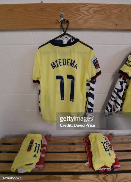 The Arsenal Women's kit laid out in the changing room before the Barclays FA Women's Super League match between West Ham United Women and Arsenal...