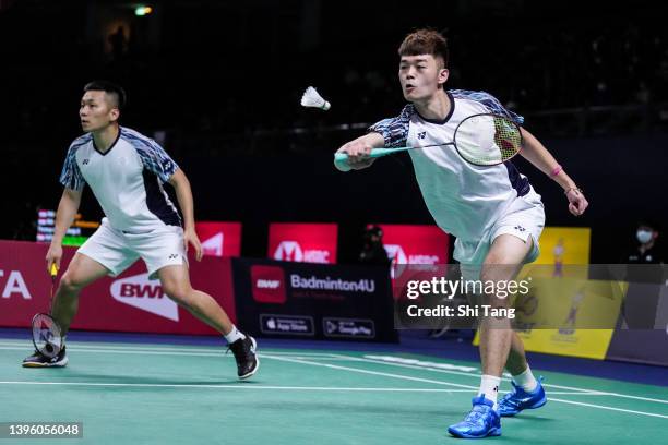 Lee Yang and Wang Chi-Lin of Chinese Taipei compete in the Men's Double match against Adam Dong and Nyl Yakura of Canada during day one on May 08,...