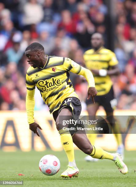 Ken Sema of Watford controls the ball during the Premier League match between Crystal Palace and Watford at Selhurst Park on May 07, 2022 in London,...