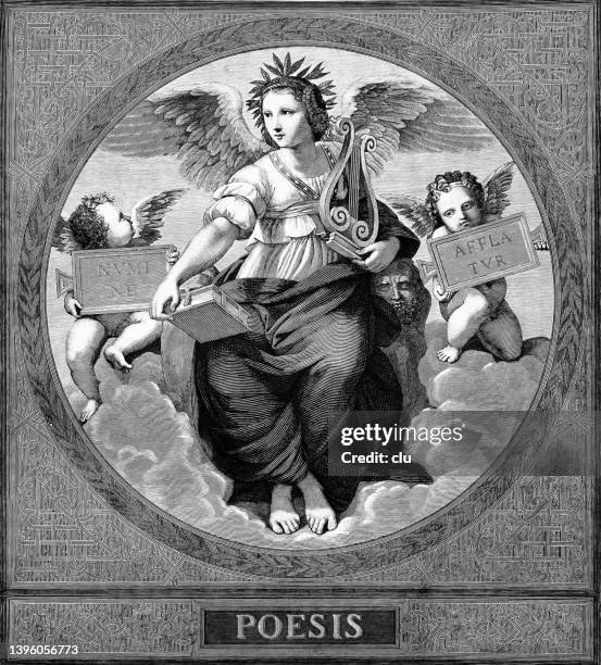 angel of poetry surrounded by angels - harp shaped stock illustrations