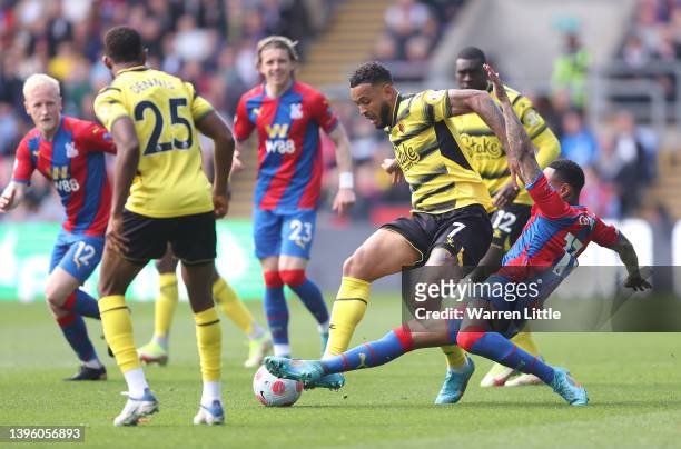 Michael Olise of Watford passes the ball during the Premier League match between Crystal Palace and Watford at Selhurst Park on May 07, 2022 in...