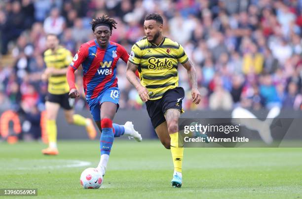 Michael Olise of Watford runs with the ball during the Premier League match between Crystal Palace and Watford at Selhurst Park on May 07, 2022 in...