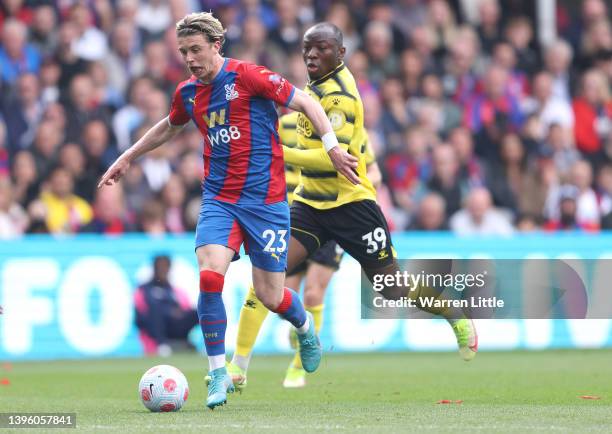 Conor Gallagher of Crystal Palace controls the ball as he is surrounded by Watford players during the Premier League match between Crystal Palace and...