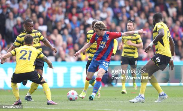 Conor Gallagher of Crystal Palace controls the ball as he is surrounded by Watford players during the Premier League match between Crystal Palace and...