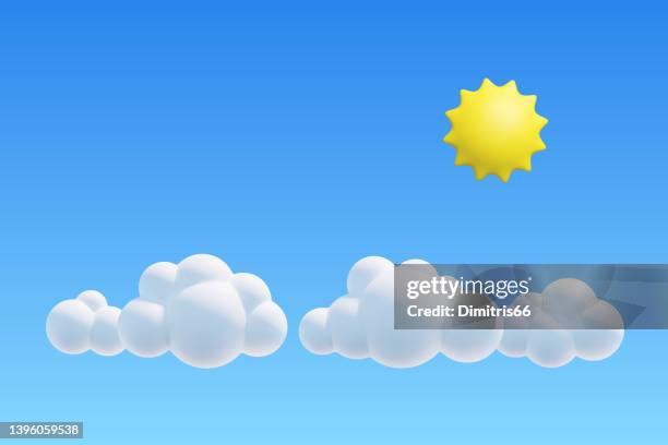 vector sun and clouds on blue sky. 3d render cloudscape - weather icon stock illustrations