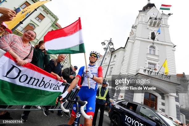 Attila Valter of Hungary and Team Groupama - FDJ while holding the flag of they country prior to the 105th Giro d'Italia 2022, Stage 3 a 201km stage...