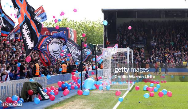 Crystal Palace fans release balloon ahead of the Premier League match between Crystal Palace and Watford at Selhurst Park on May 07, 2022 in London,...