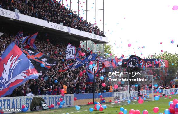 Crystal Palace fans release balloon ahead of the Premier League match between Crystal Palace and Watford at Selhurst Park on May 07, 2022 in London,...
