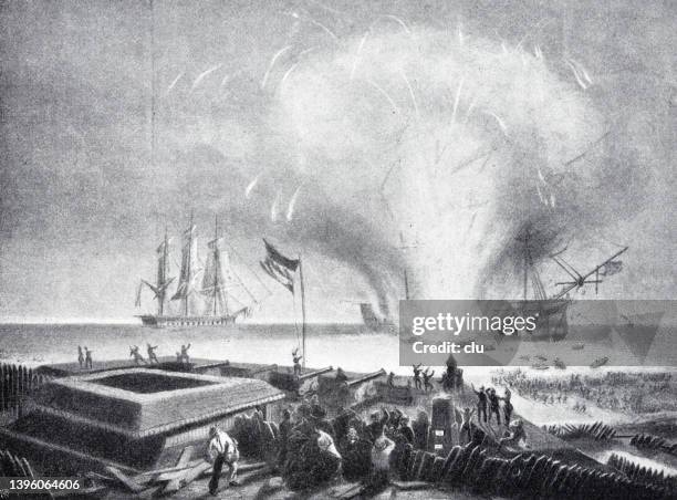 destruction of the danish battleship christain viii on april 5, 1849 - blast from the past stock illustrations