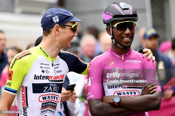 Rein Taaramae of Estonia and Hailu Biniam Girmay of Eritrea and Team Intermarché - Wanty - Gobert Matériaux purple points jersey during the team...