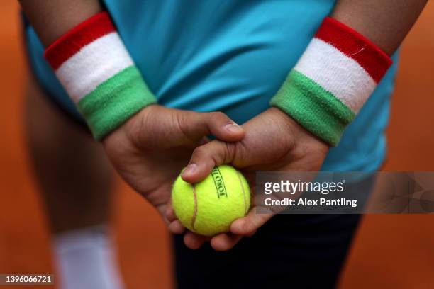 Detaild view as a ball boy holds a tennis ball on day one of the Internazionali BNL D'Italia at Foro Italico on May 08, 2022 in Rome, Italy.