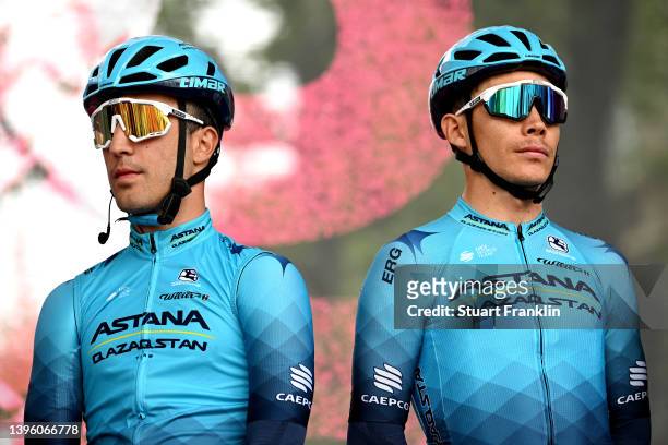 Valerio Conti of Italy and Miguel Ángel López Moreno of Colombia and Team Astana – Qazaqstan during the team presentation prior to the 105th Giro...