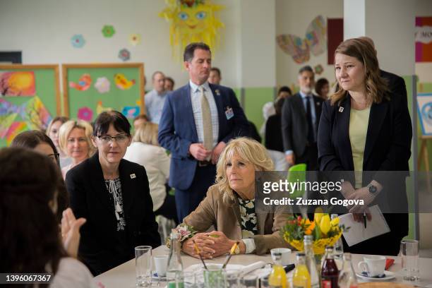 First Lady, Jill Biden talks to Ukrainian women who fled to Slovakia following the Russian invasion of Ukraine on Mother's Day at Primary School...
