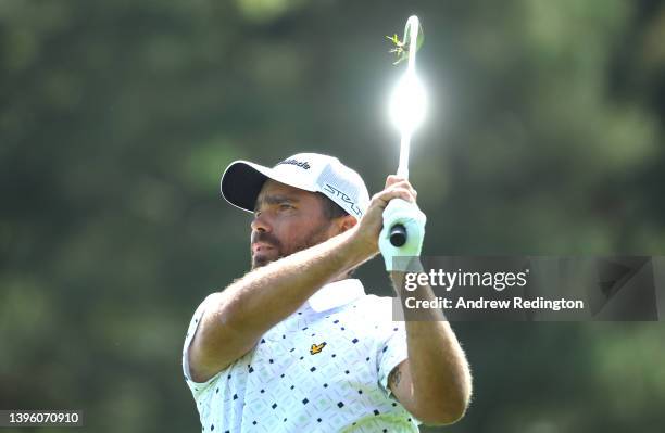 Romain Langasque of France plays his second shot on the first hole during the final round of the Betfred British Masters hosted by Danny Willett at...