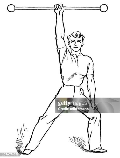 old engraved illustration of hygienic gymnastics, healthy lifestyle - barbell exercises - kulstång bildbanksfoton och bilder