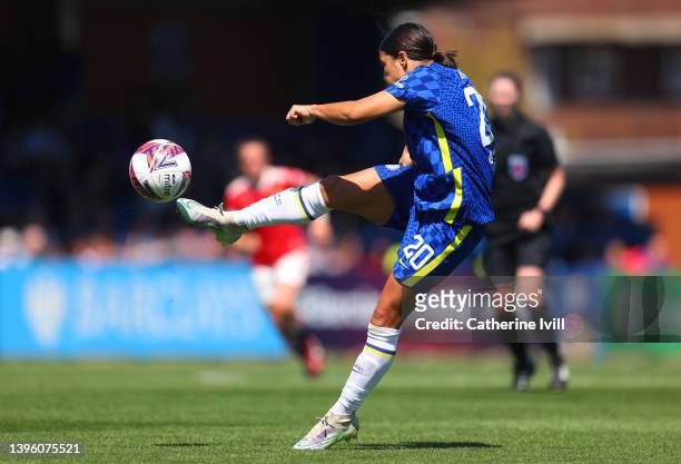 Sam Kerr of Chelsea scores their team's fourth goal during the Barclays FA Women's Super League match between Chelsea Women and Manchester United...