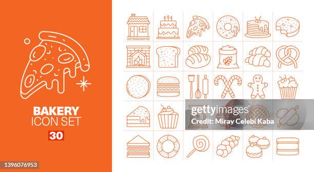 stockillustraties, clipart, cartoons en iconen met bakery line icons set - pannenkoeken
