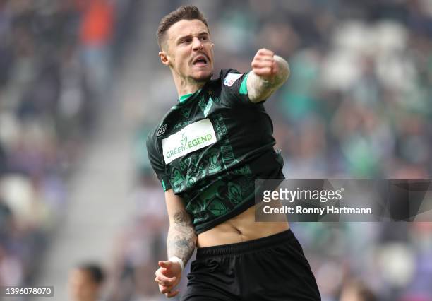 Marco Friedl of Werder Bremen celebrates after scoring their team's first goal during the Second Bundesliga match between FC Erzgebirge Aue and SV...
