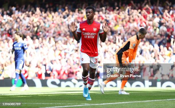 Eddie Nketiah of Arsenal celebrates scoring their side's first goal during the Premier League match between Arsenal and Leeds United at Emirates...