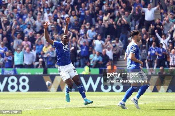 Patson Daka of Leicester City celebrates after scoring their team's first goal during the Premier League match between Leicester City and Everton at...