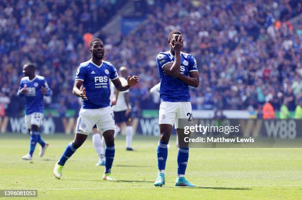 Patson Daka celebrates with Kelechi Iheanacho of Leicester City after scoring their team's first goal during the Premier League match between...